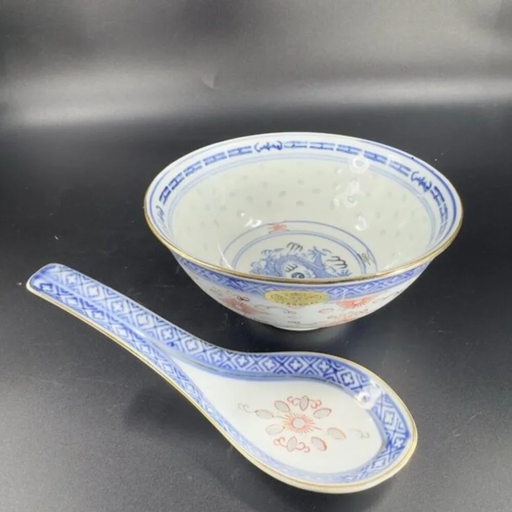 Vintage Chinese‎ Porcelain Rice Grain Bowl And Spoon Decorated Bowl With Sticker